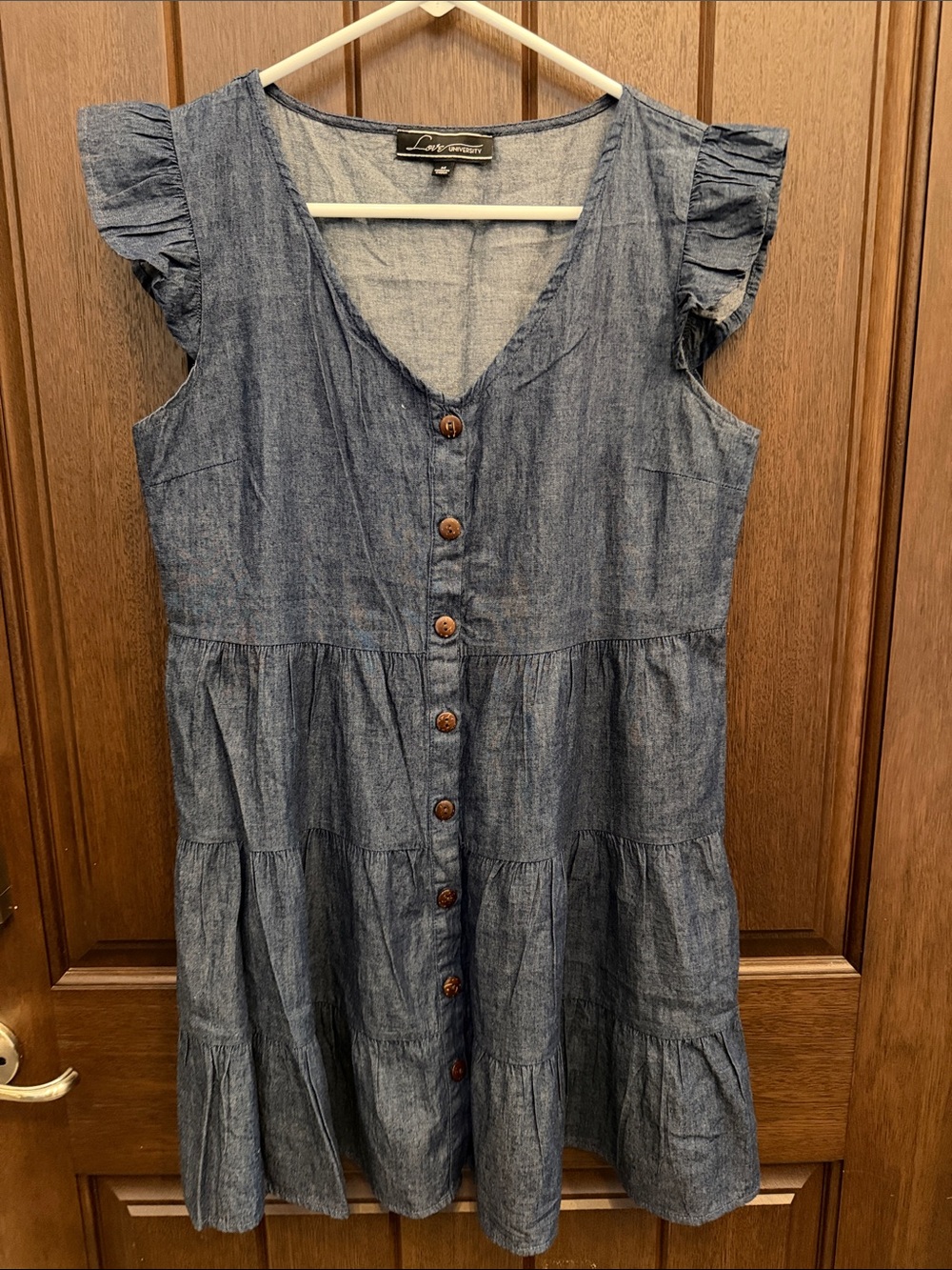 Linen & Thread Blue Button-Front Tiered Midi Dress